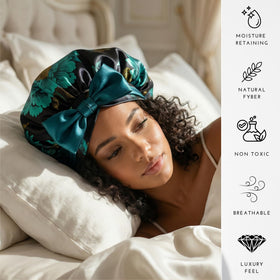 Model wearing Nochka Fashion silk bonnet at bedtime