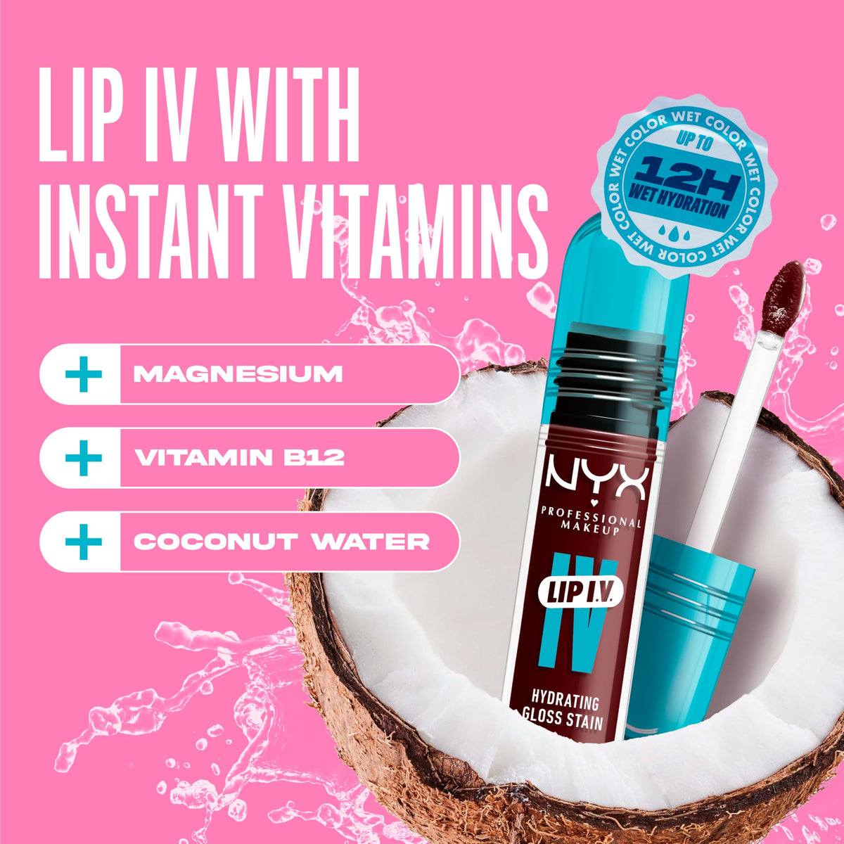 Model wearing NYX Lip IV Hydrating Glossy Lip Stain Water Bout Wine