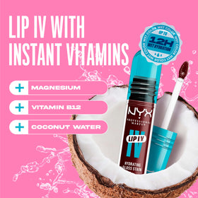 Model wearing NYX Lip IV Hydrating Glossy Lip Stain Water Bout Wine