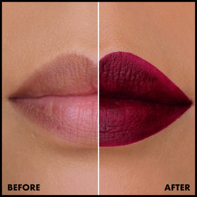 Model wearing NYX Lip Lingerie XXL Matte Liquid Lipstick Sizzlin' Oxblood Red