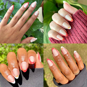 Model wearing Olive & June Instant Mani Press-On Nails I Heart Pizza French