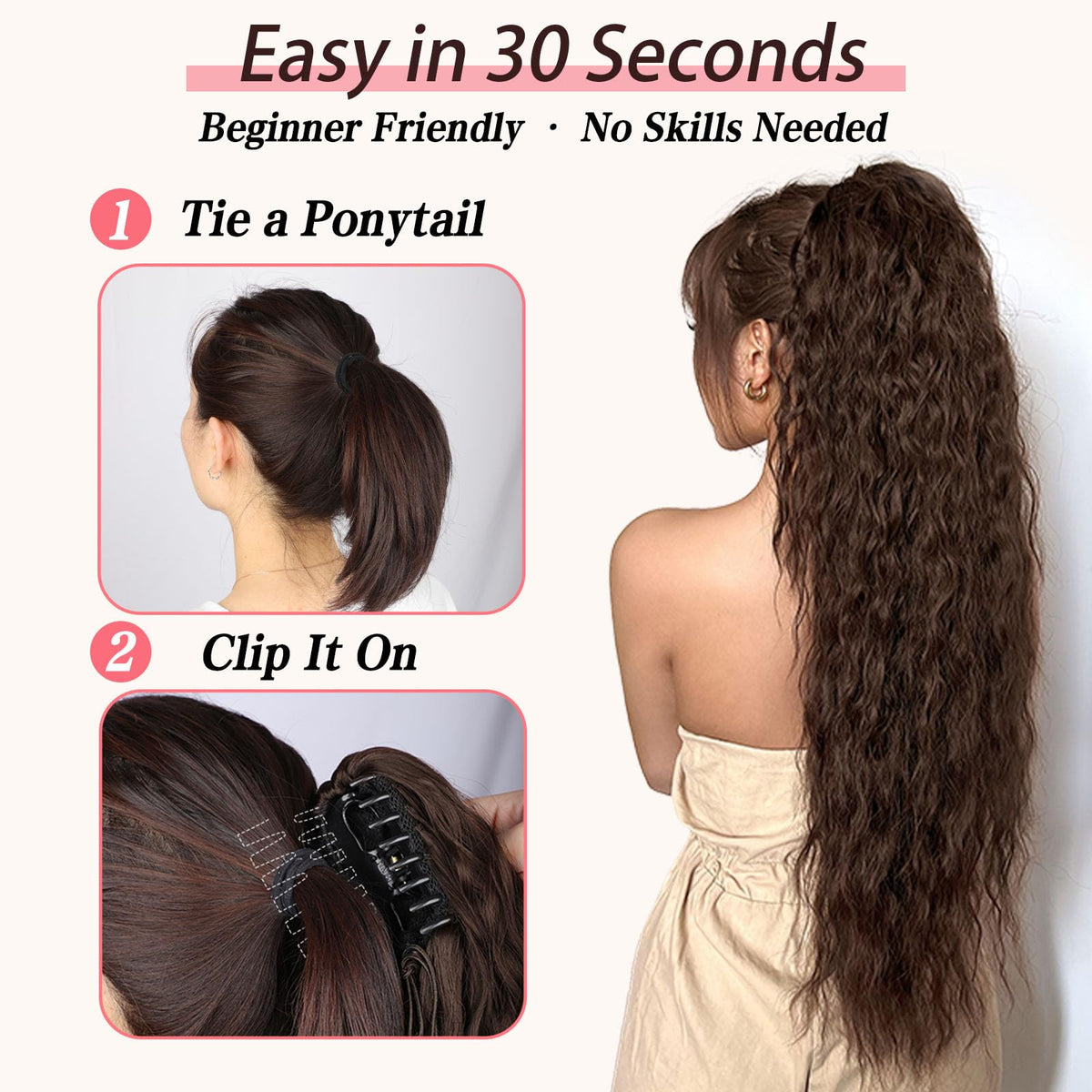 Model wearing ORSUNCER 30-inch ponytail extension at a party