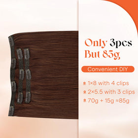Model wearing Sunny Hair Clip-In Extensions dark reddish auburn