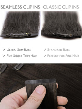 Model wearing Wennalife dark brown clip in hair extensions
