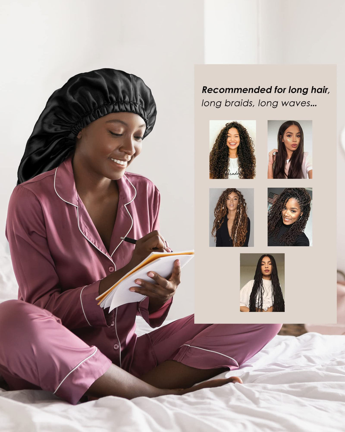 Model wearing YANIBEST Satin Sleep Bonnet during skincare routine
