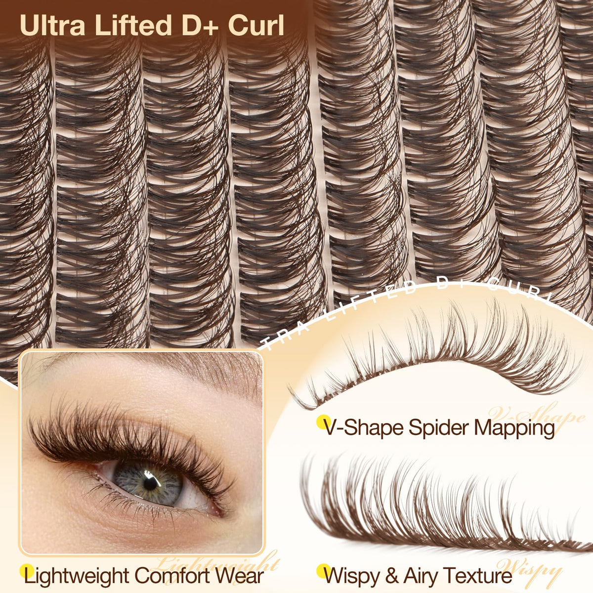 Model wearing Yawamica Brown Lash Clusters for a natural look