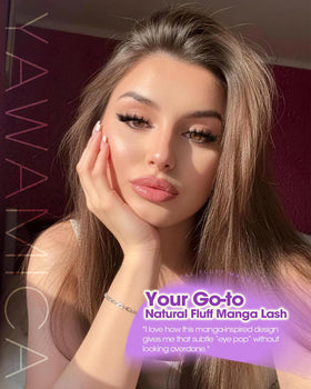 Model wearing Yawamica Fluffy Manga Lash Clusters in natural light
