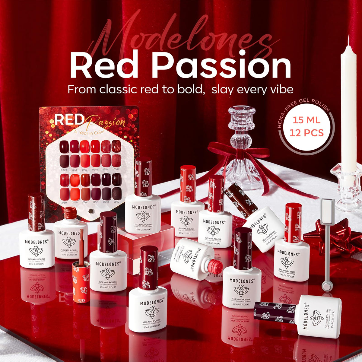 modelones 12Pcs Red Gel Polish Set display board showcasing colours