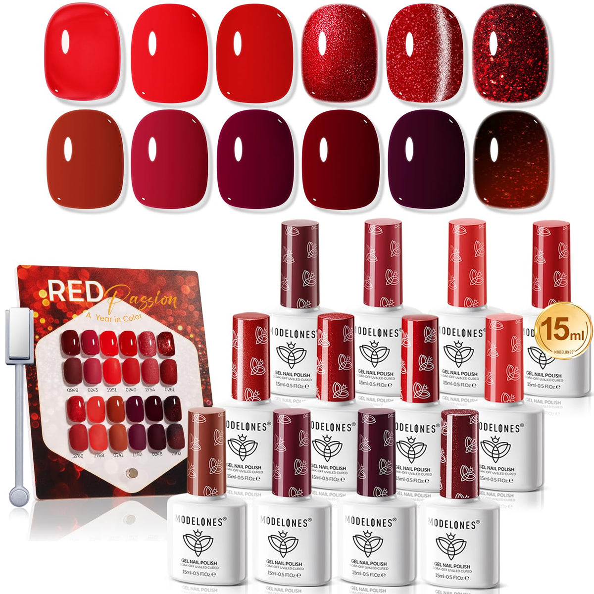 modelones 12Pcs Red Gel Polish Set with Cat Eye Glitter front view