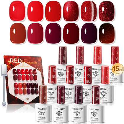 modelones 12Pcs Red Gel Polish Set with Cat Eye Glitter front view