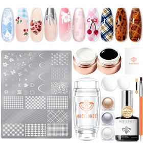 modelones 16Pcs Nail Stamping Kit with plaid stamping plate