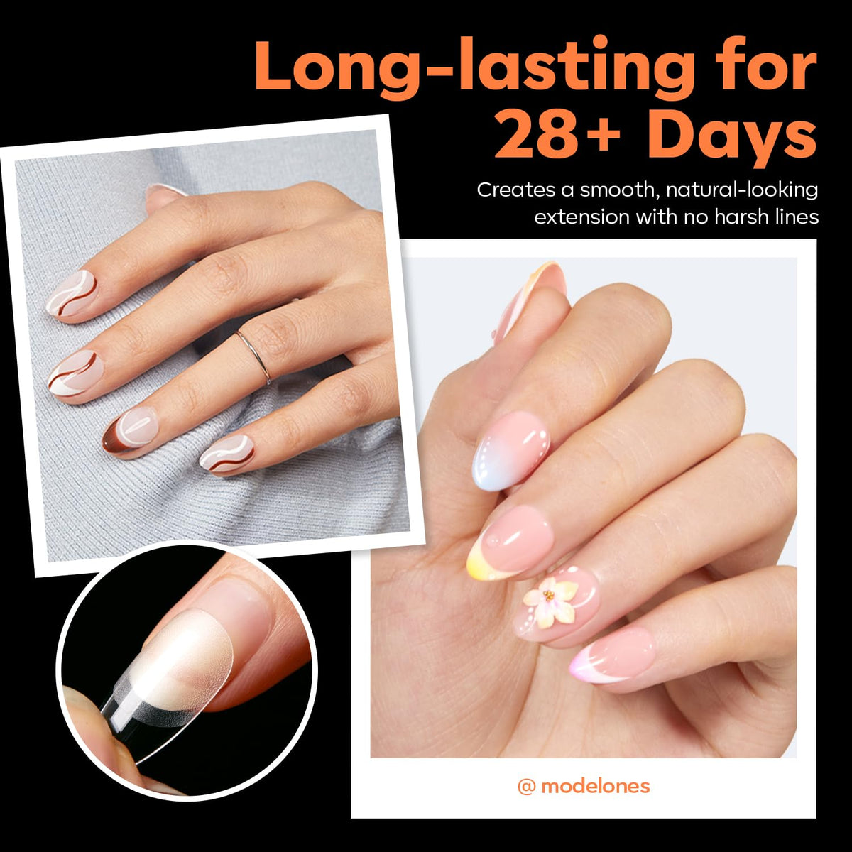Modelones almond nail tips showing half matte design