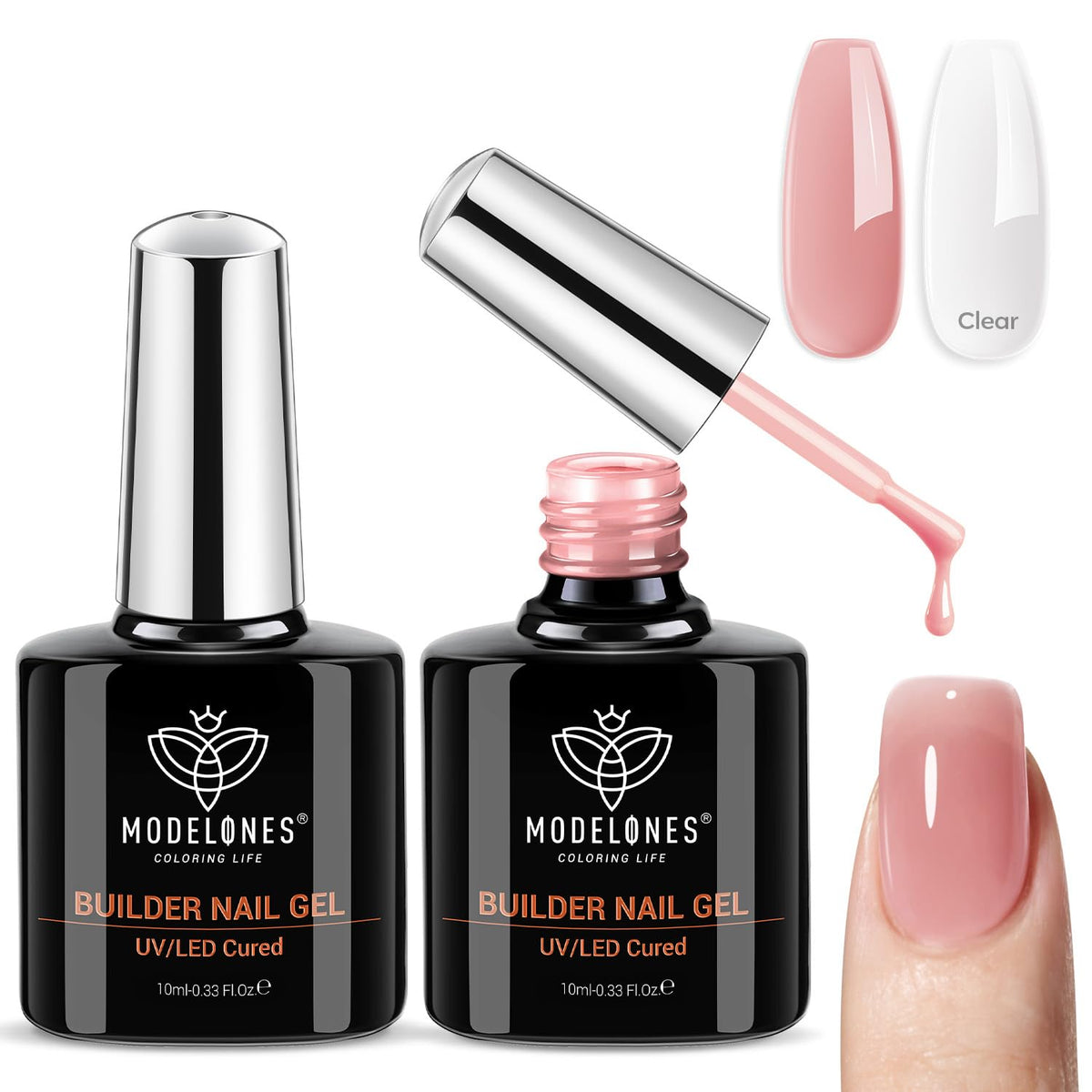 modelones Base Coat Builder Nail Gel clear and rose nude pink bottles front view