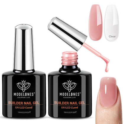 modelones Base Coat Builder Nail Gel clear and rose nude pink bottles front view