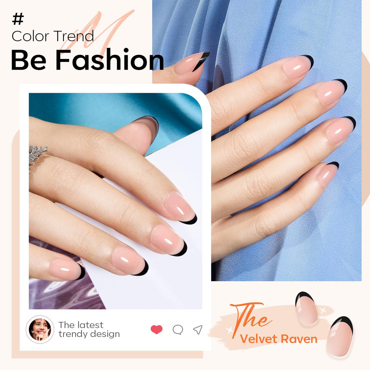 modelones Black French Tip Press On Nails displayed on a hand