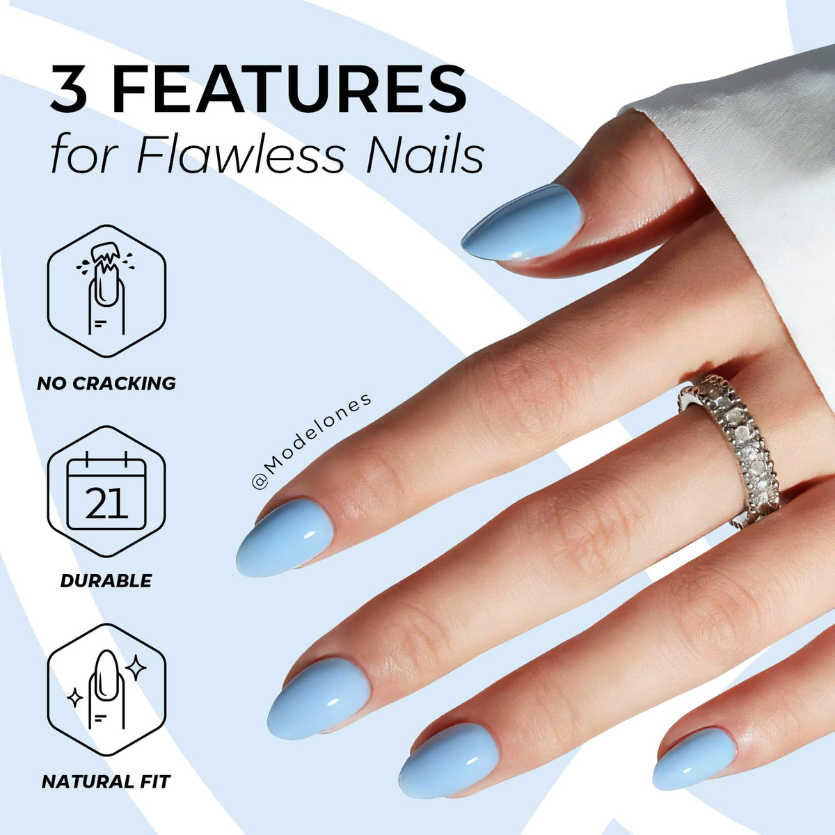 modelones Blue Short Press on Nails in various sizes laid out
