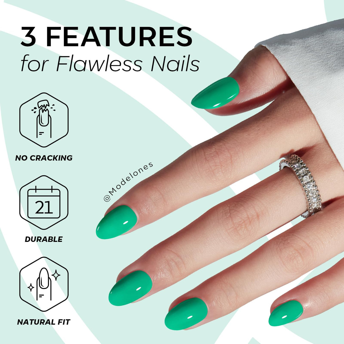 modelones Bright Green Short Press on Nails displayed with adhesive tabs