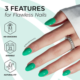 modelones Bright Green Short Press on Nails displayed with adhesive tabs