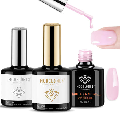 modelones Builder Nail Gel 3Pcs Baby Pink Set with clear and shiny top coat