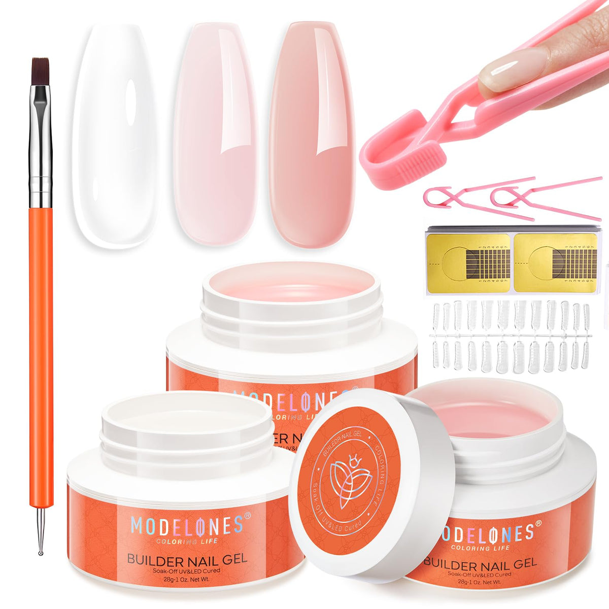 modelones Builder Nail Gel Kit with clear, nude, and pink gels