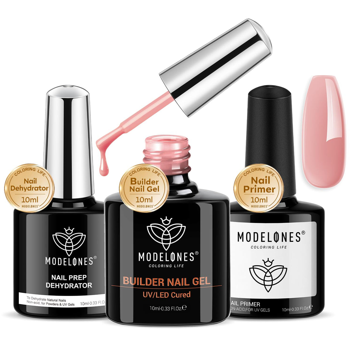 modelones Builder Nail Gel Trio Set including Nude Pink Gel, Dehydrator, and Primer