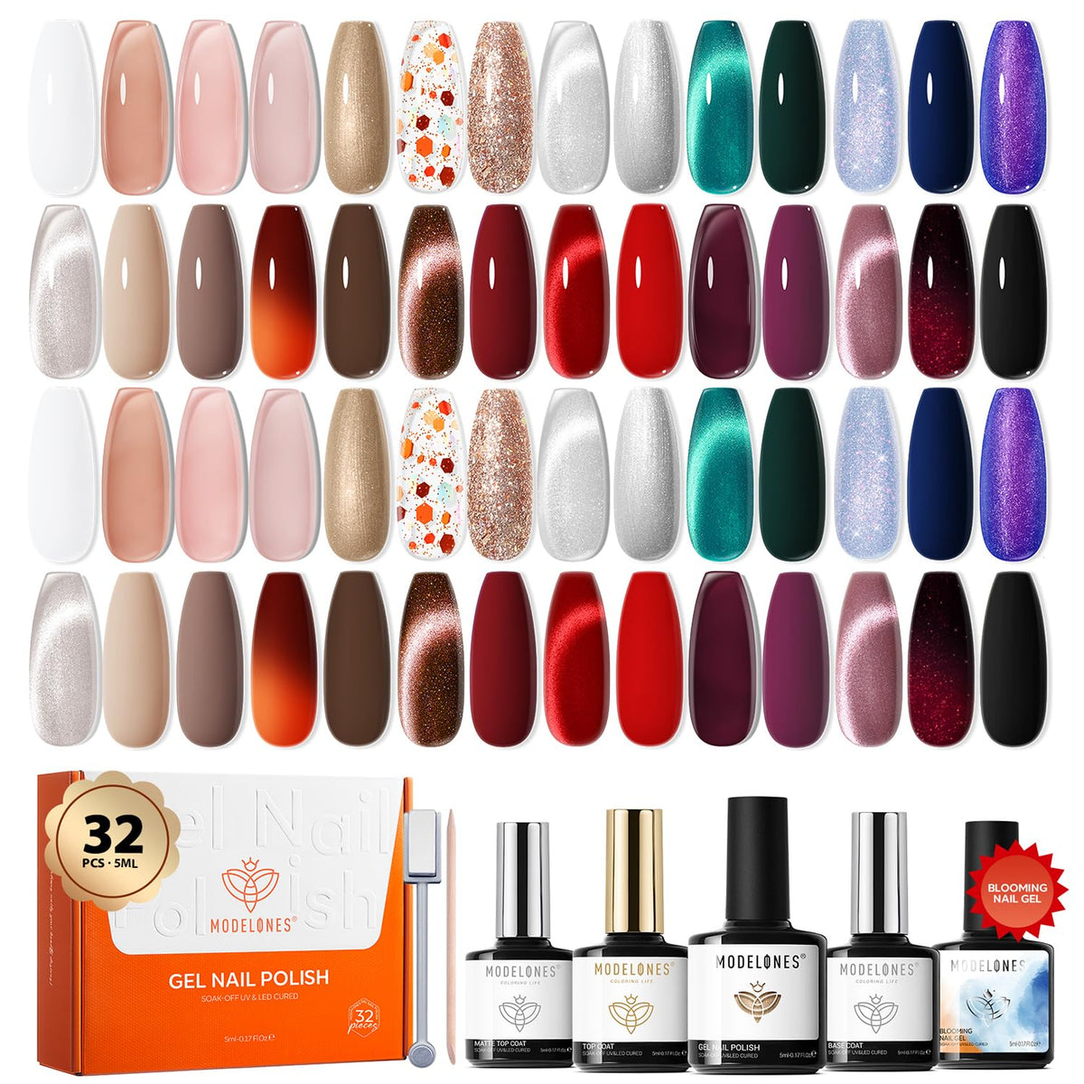 modelones Cat Eye Gel Nail Polish Kit 32PCS front view with assorted colours