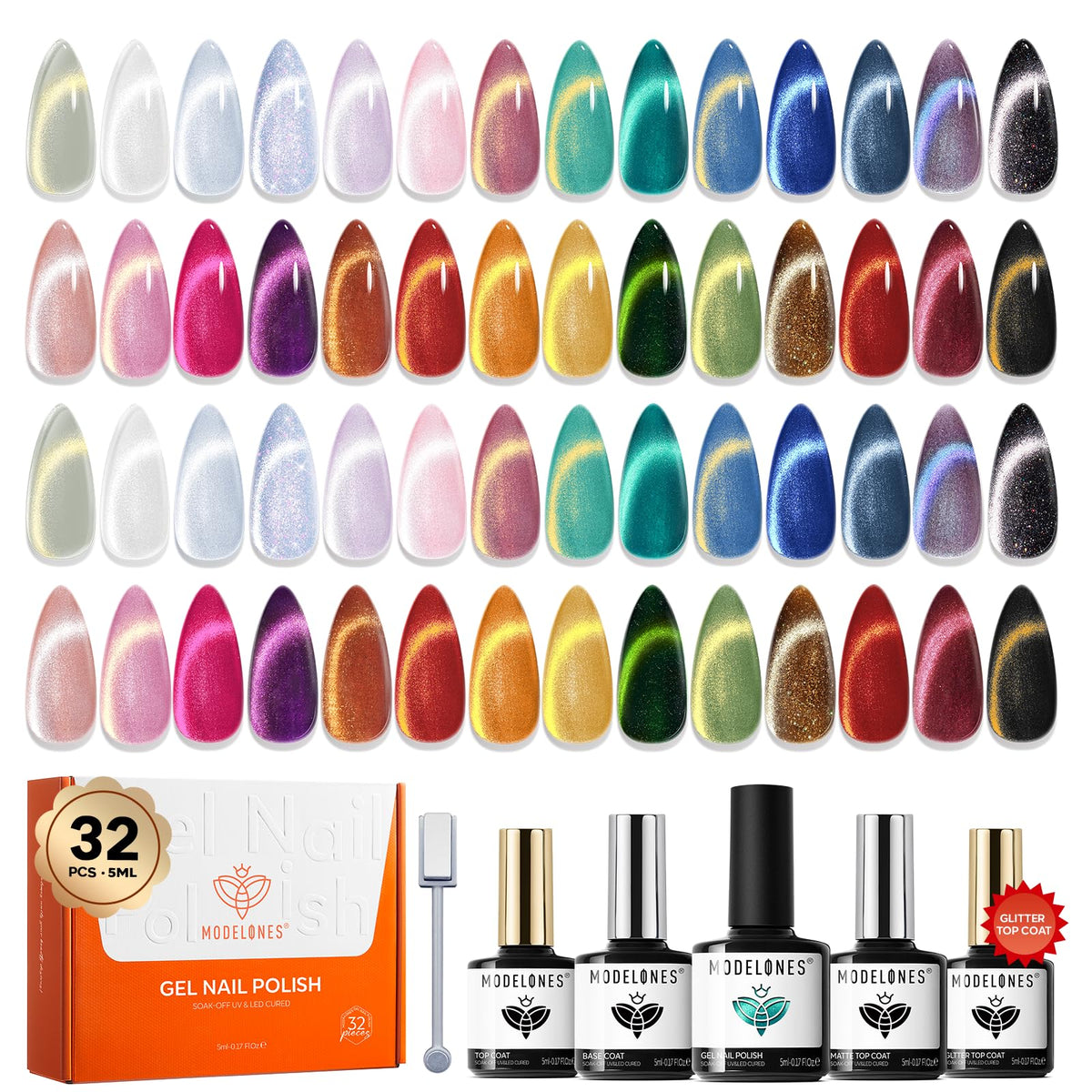 modelones Cat Eye Gel Nail Polish Set featuring 28 colours and 4 top coats