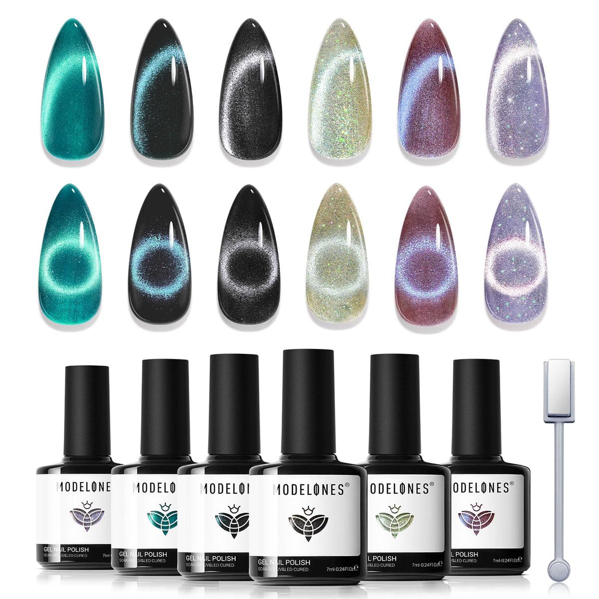 modelones Cat Eye Gel Nail Polish Set with six colours, front view