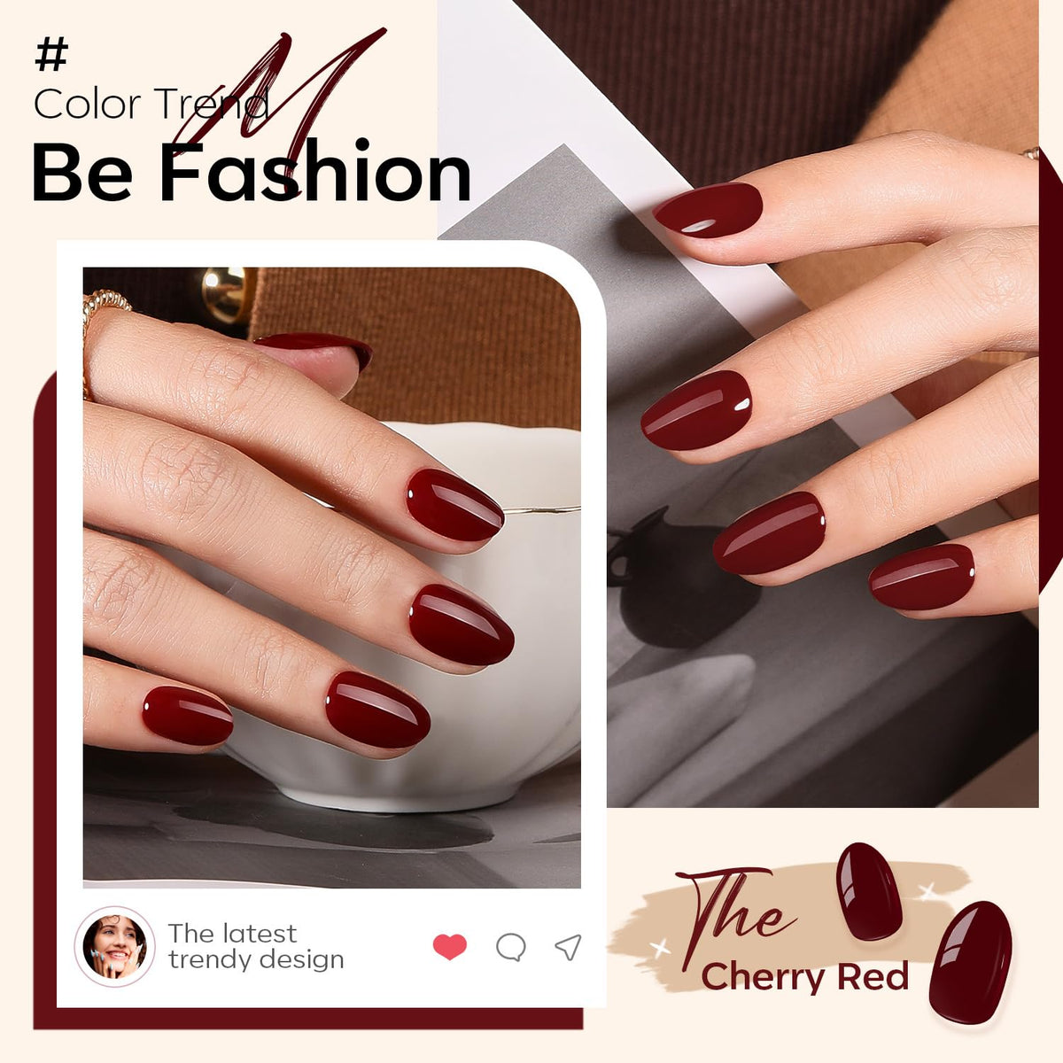 modelones Dark Red Press On Nails showing various sizes and shapes