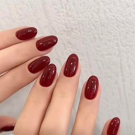 modelones Dark Red Short Press On Nails full set with nails and accessories