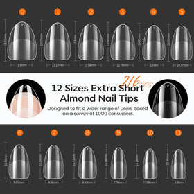 modelones Extra Short Almond Nail Tips arranged by size