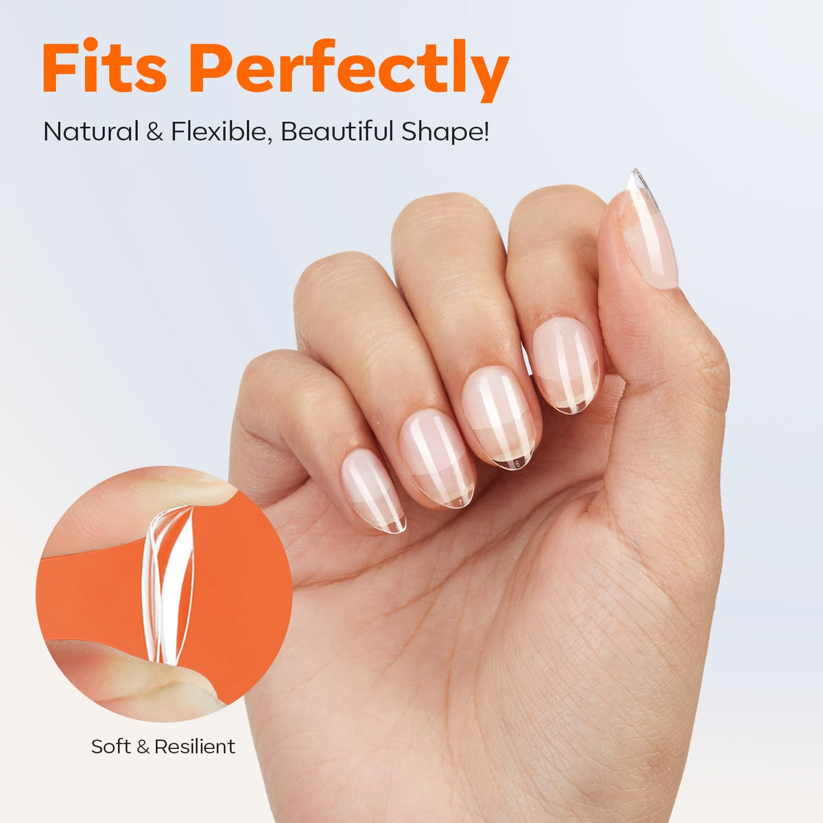 modelones Extra Short Almond Nail Tips in a hand with nail polish
