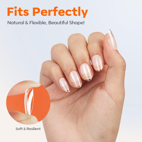 modelones Extra Short Almond Nail Tips in a hand with nail polish