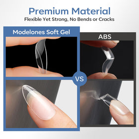 Modelones Extra Short Almond Nail Tips in a nail salon setting