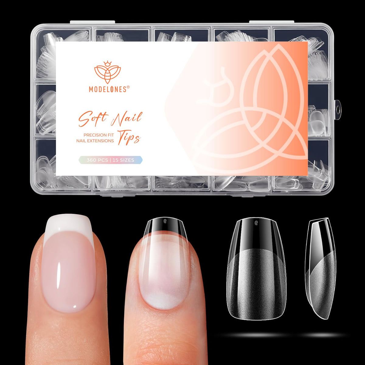 modelones Extra Short Coffin Nail Tips 360pcs clear press on nails front view