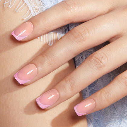 modelones Extra Short Press on Nails pink French design front view