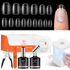 modelones Gel Nail Extension Kit contents including glue, nail tips, and UV lamp