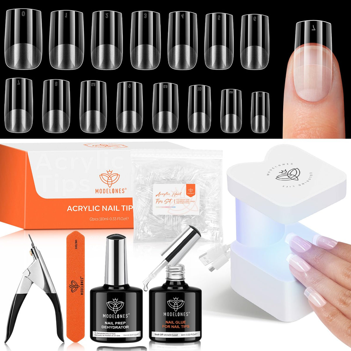 modelones Gel Nail Kit with nail glue, tips, and lamp