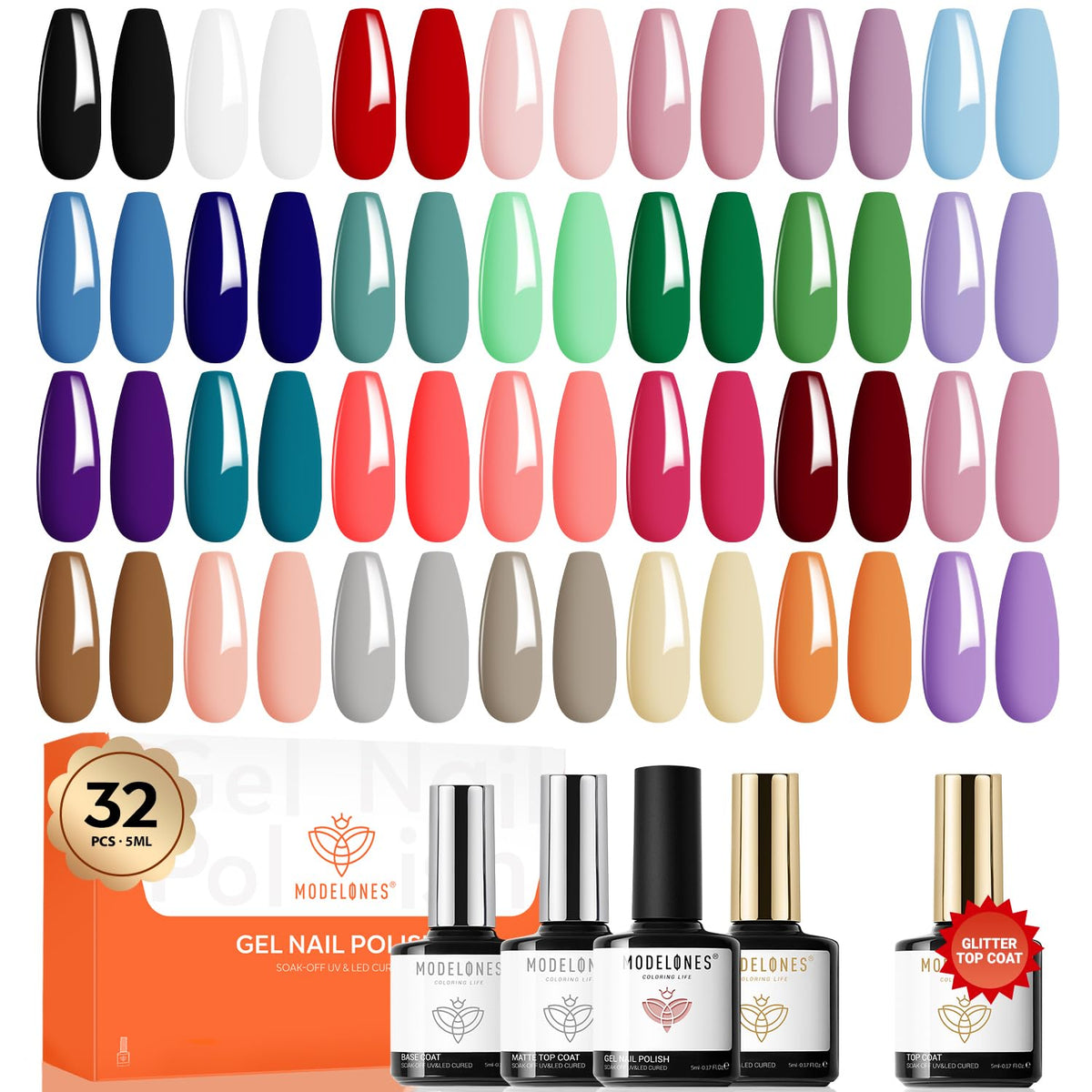 modelones Gel Nail Polish Set 32PCS front view with glitter shades