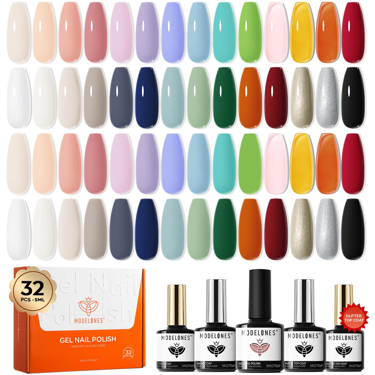 modelones Gel Nail Polish Set 32PCS with various colours and top coats