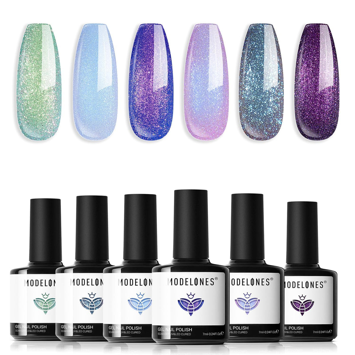 modelones Gel Nail Polish Set 6 colors with chameleon glitter bottles