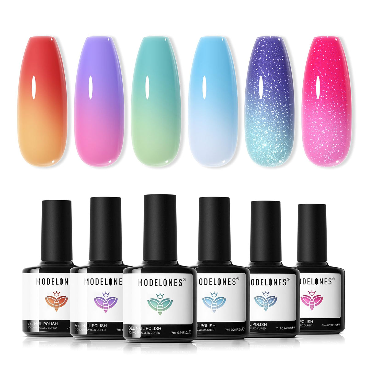 modelones Gel Nail Polish Set with 6 glitter shades front view