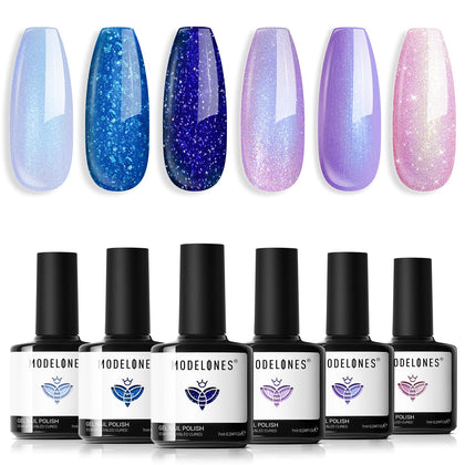 modelones Gel Nail Polish Set with six colours including blue, pink, and purple