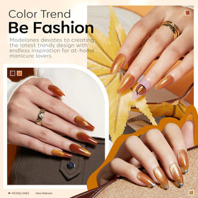 modelones gel polish application on nails showcasing vibrant fall colours