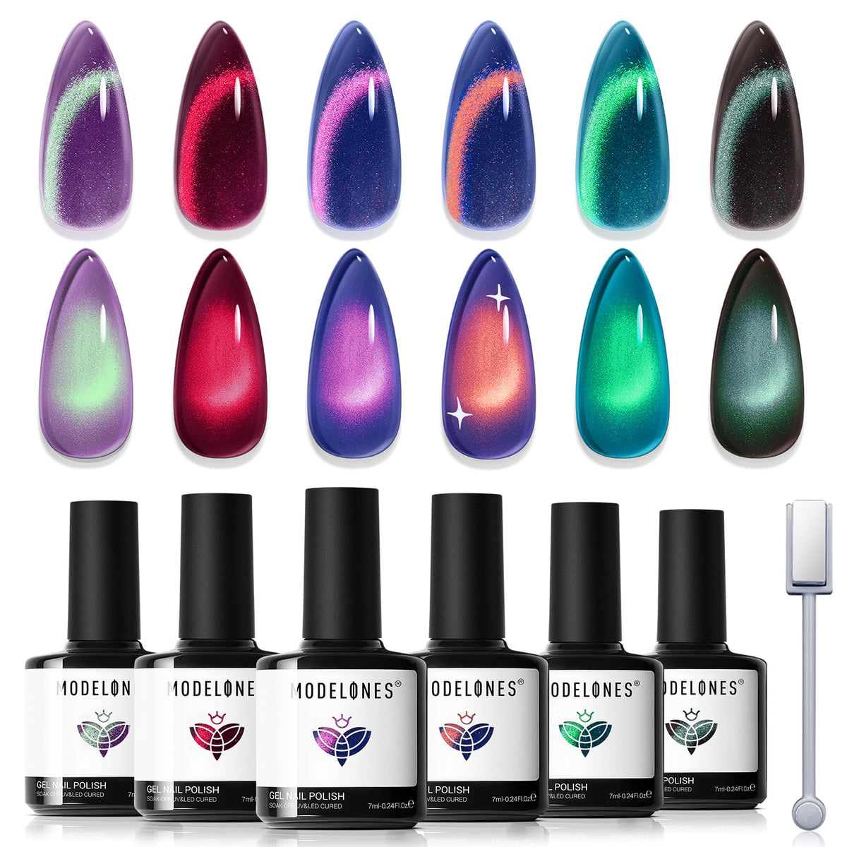 modelones Glitter Cat Eye Gel Nail Polish Set front view with six colours