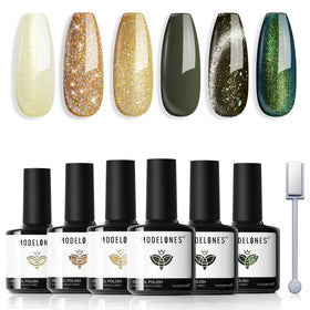modelones Green Gel Nail Polish Set with 6 glitter colours