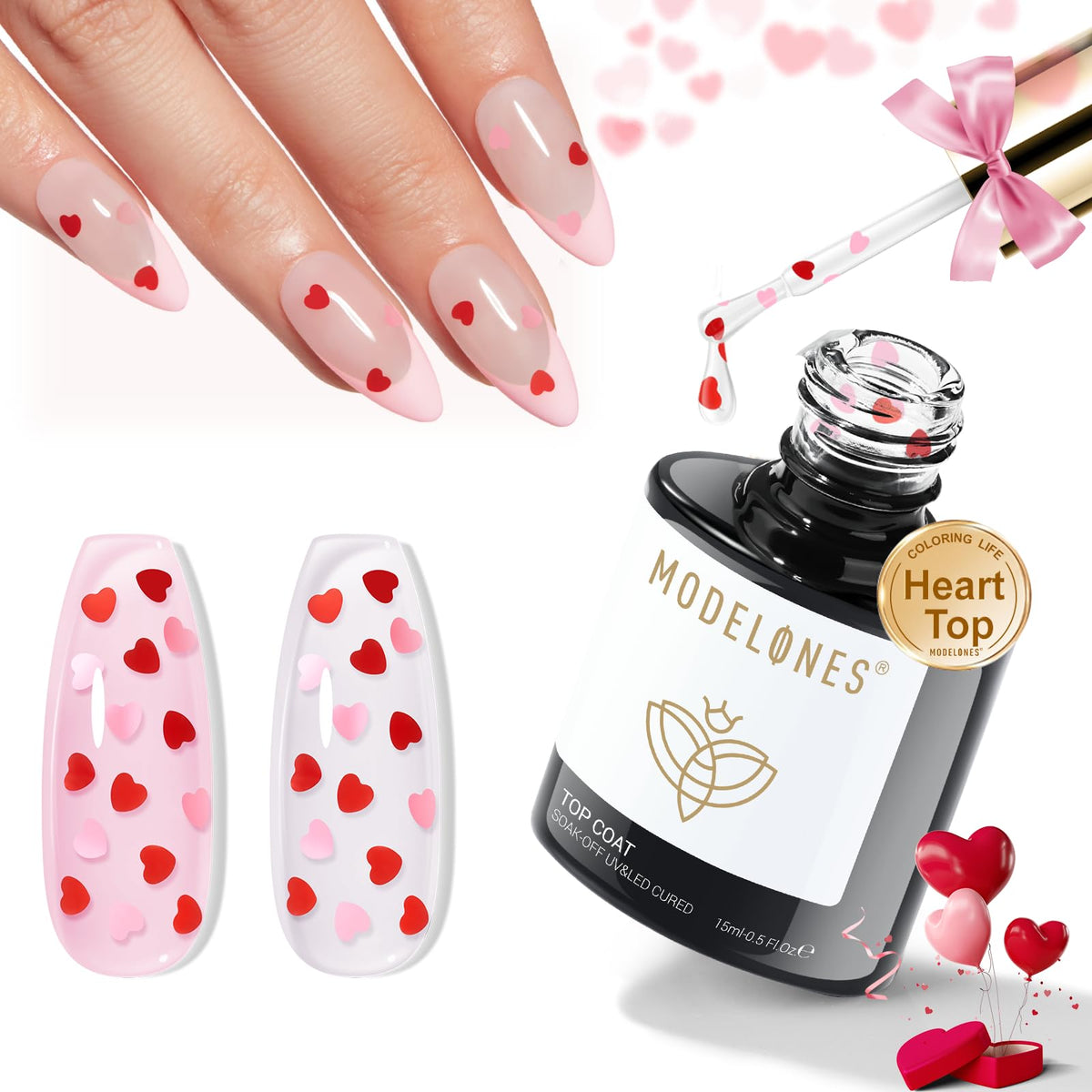 modelones Heart Glitter Gel Top Coat 15ml front view with heart sequins