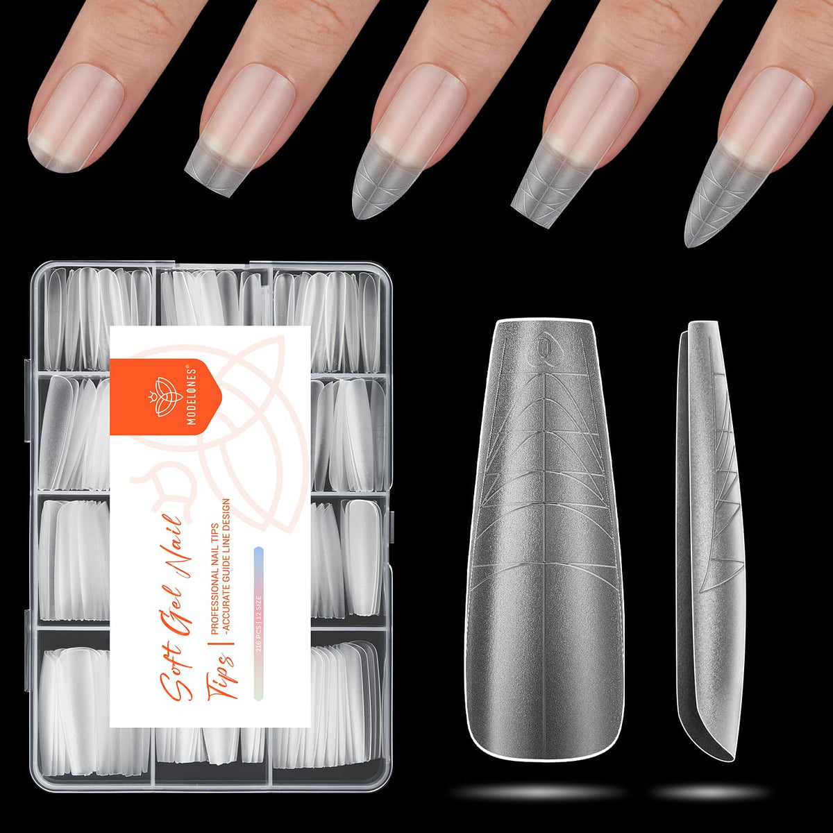 Modelones Long Coffin Nail Tips front view with guide lines