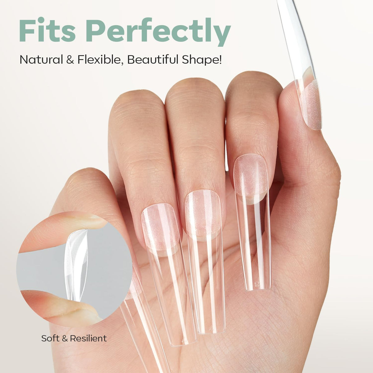 Modelones Long Square Nail Tips in a nail salon setting