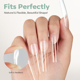 Modelones Long Square Nail Tips in a nail salon setting